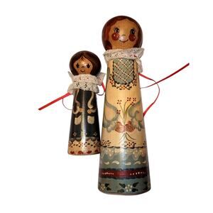 Vintage Handmade Folk Art Wood HandPainted Doll Figurines Kakashi Peg Wood